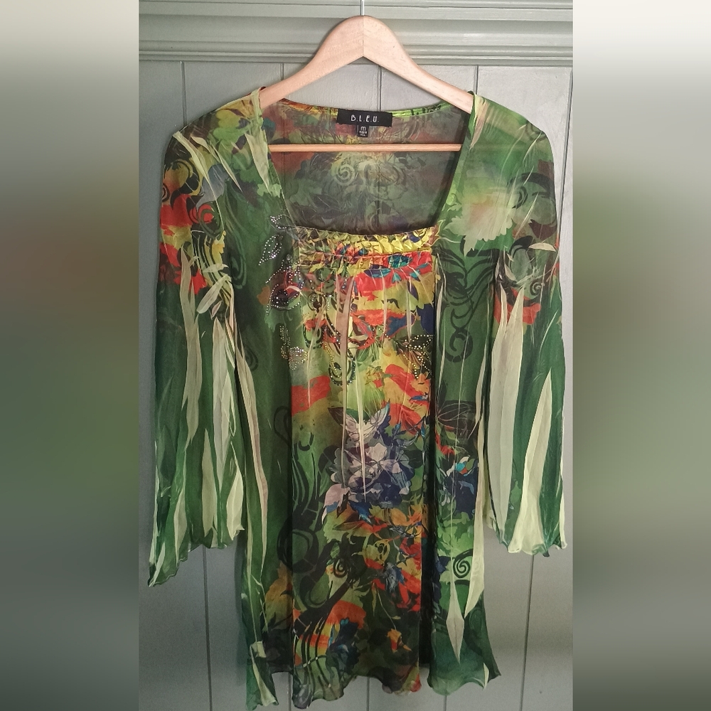 B.L.E.U. Green Multi-Color Floral Sheer Blouse